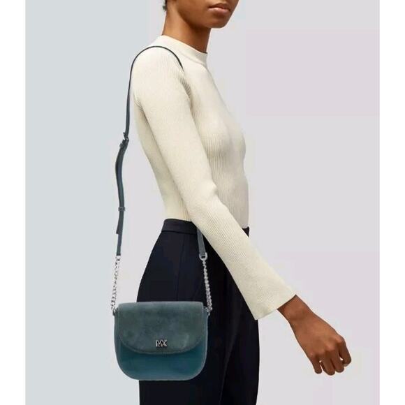 Michael Kors Half Dome Crossbody Bag Teal Green Suede & Leather Chain Strap Smal - Picture 3 of 7